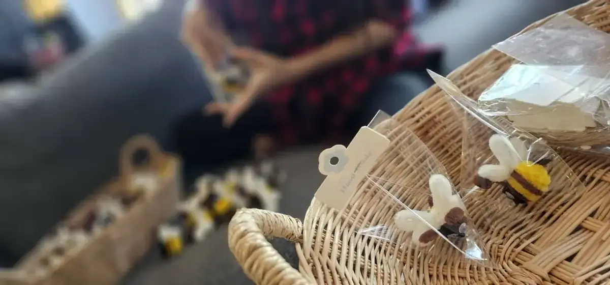 Handcrafted bee in clear gift packaging with Handmade tag